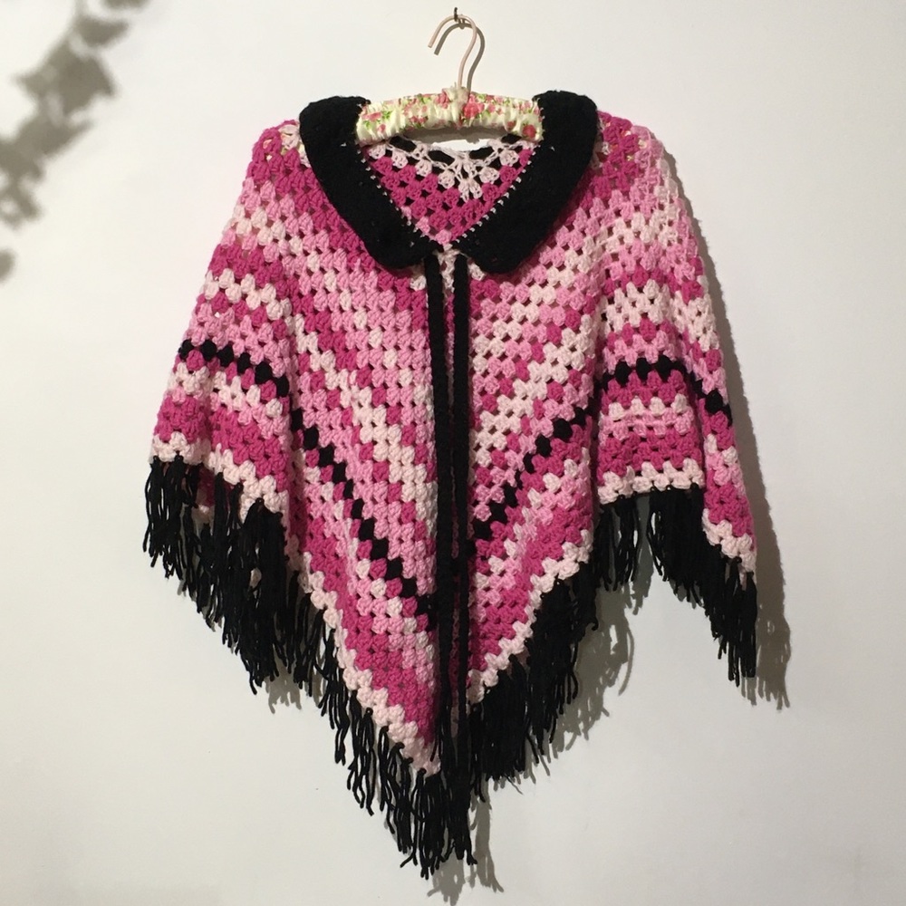 Vintage Handmade Crochet Pink and Black Shawl